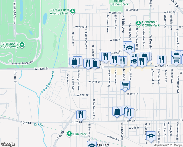 map of restaurants, bars, coffee shops, grocery stores, and more near 3607 West 16th Street in Indianapolis