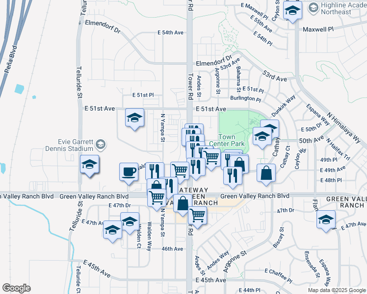 map of restaurants, bars, coffee shops, grocery stores, and more near 4931 Tower Road in Denver