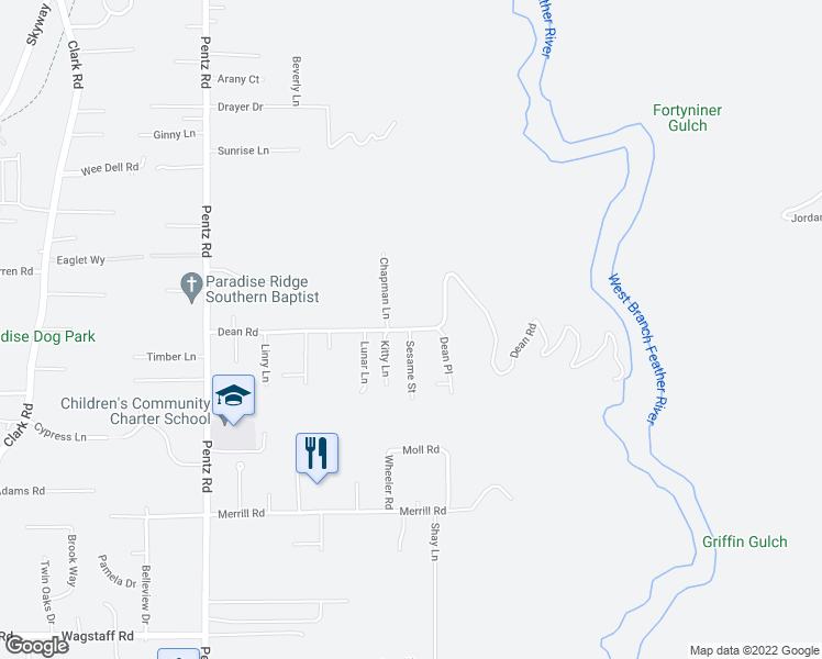 map of restaurants, bars, coffee shops, grocery stores, and more near 1917 Dean Road in Paradise