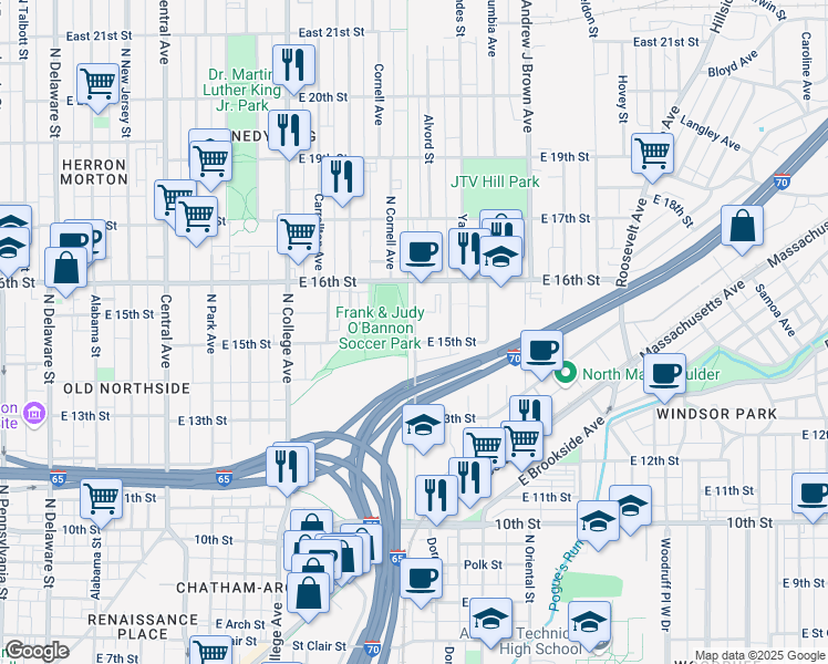 map of restaurants, bars, coffee shops, grocery stores, and more near Monon Trail in Indianapolis