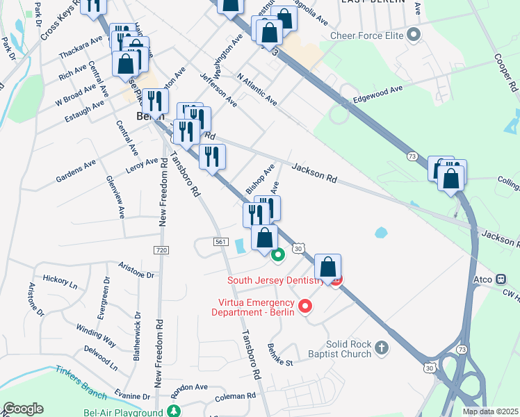 map of restaurants, bars, coffee shops, grocery stores, and more near 289 South White Horse Pike in Berlin