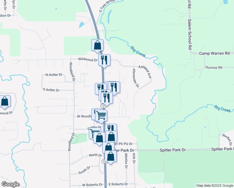 map of restaurants, bars, coffee shops, grocery stores, and more near East Village Parkway in Mount Zion
