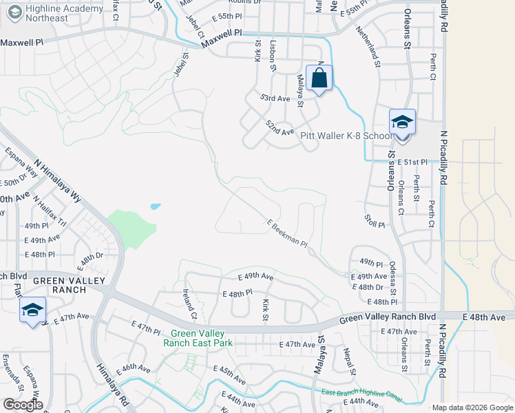 map of restaurants, bars, coffee shops, grocery stores, and more near 20552 East 50th Place in Denver