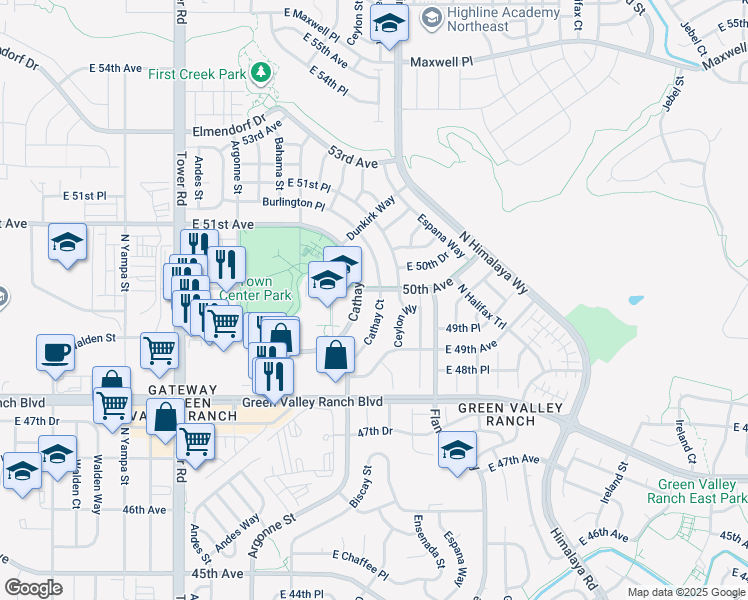 map of restaurants, bars, coffee shops, grocery stores, and more near 5002 Cathay Street in Denver