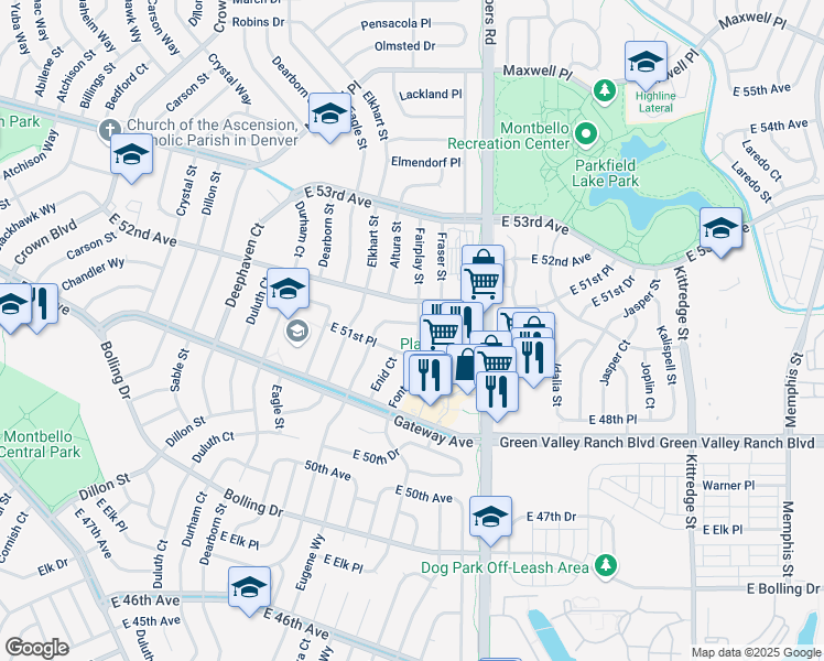 map of restaurants, bars, coffee shops, grocery stores, and more near 5197 Fontana Court in Denver