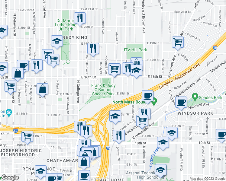 map of restaurants, bars, coffee shops, grocery stores, and more near Monon Trail in Indianapolis