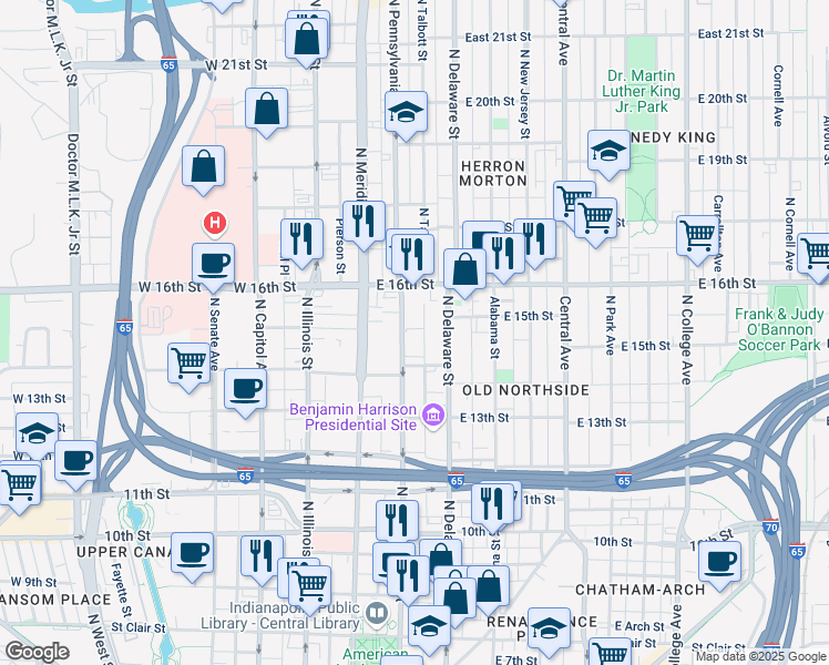 map of restaurants, bars, coffee shops, grocery stores, and more near 1455 North Pennsylvania Street in Indianapolis