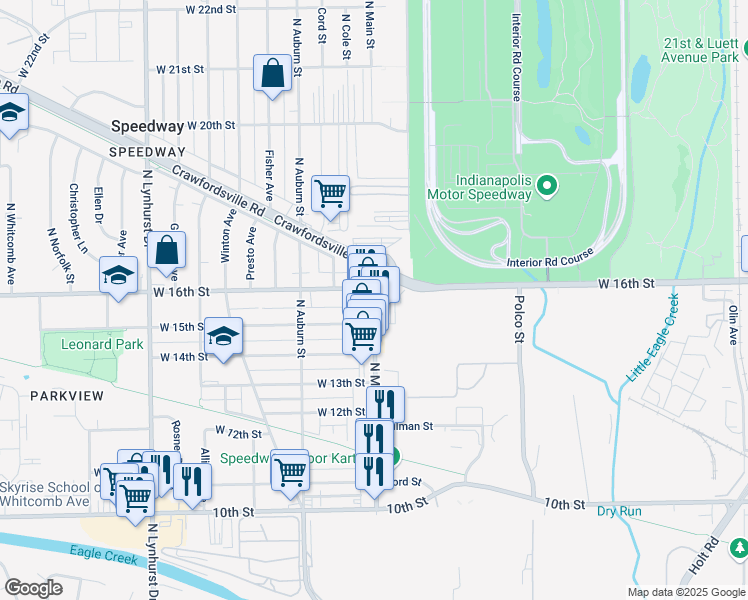 map of restaurants, bars, coffee shops, grocery stores, and more near 4900 West 16th Street in Indianapolis