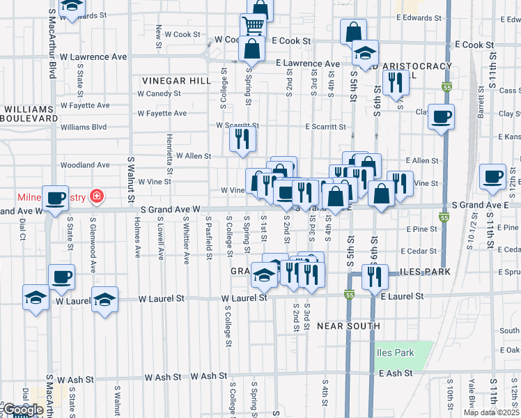 map of restaurants, bars, coffee shops, grocery stores, and more near 1205 South 1st Street in Springfield