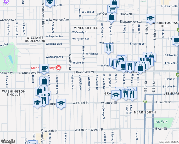 map of restaurants, bars, coffee shops, grocery stores, and more near 421 South Grand Avenue West in Springfield