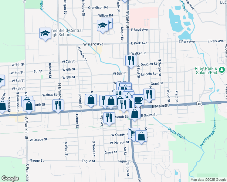 map of restaurants, bars, coffee shops, grocery stores, and more near North Pennsylvania Street in Greenfield
