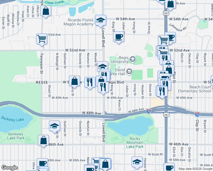 map of restaurants, bars, coffee shops, grocery stores, and more near in Denver
