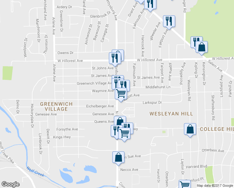 map of restaurants, bars, coffee shops, grocery stores, and more near 2314 N Gettysburg Ave in Dayton