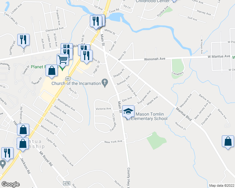 map of restaurants, bars, coffee shops, grocery stores, and more near Main St & S McCarthy Ave in Mantua