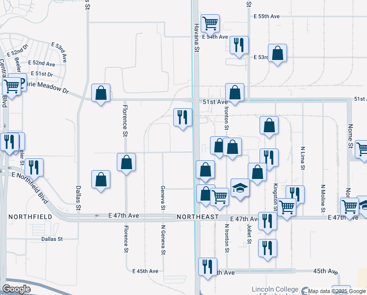 map of restaurants, bars, coffee shops, grocery stores, and more near 10445 East 49th Avenue in Denver