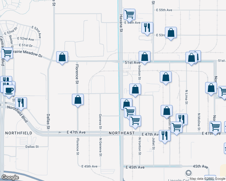 map of restaurants, bars, coffee shops, grocery stores, and more near 10445 East 49th Avenue in Denver