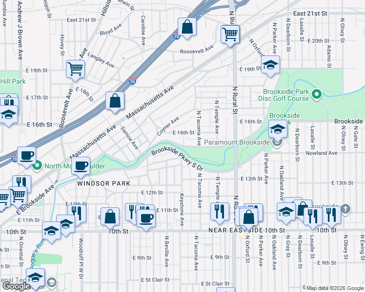 map of restaurants, bars, coffee shops, grocery stores, and more near 2404 Brookside Parkway North Drive in Indianapolis
