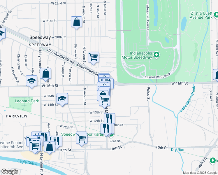 map of restaurants, bars, coffee shops, grocery stores, and more near 1545 North Main Street in Speedway