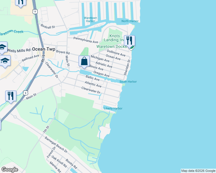 map of restaurants, bars, coffee shops, grocery stores, and more near 9 Liberty Street in Ocean Township