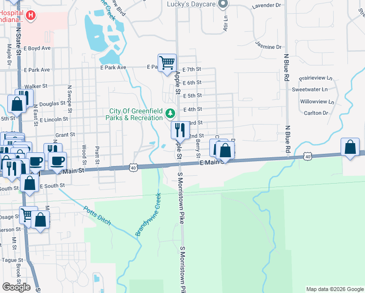 map of restaurants, bars, coffee shops, grocery stores, and more near 1013 East 2nd Street in Greenfield