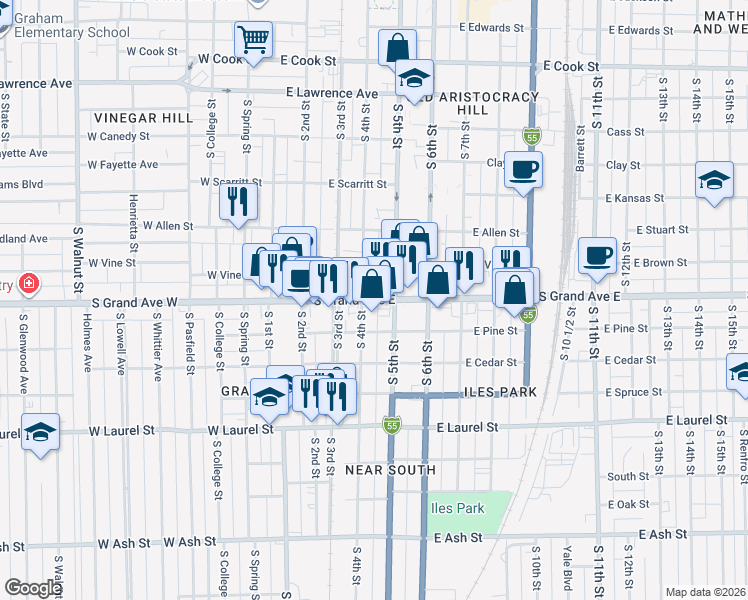 map of restaurants, bars, coffee shops, grocery stores, and more near 1214 South 4th Street in Springfield