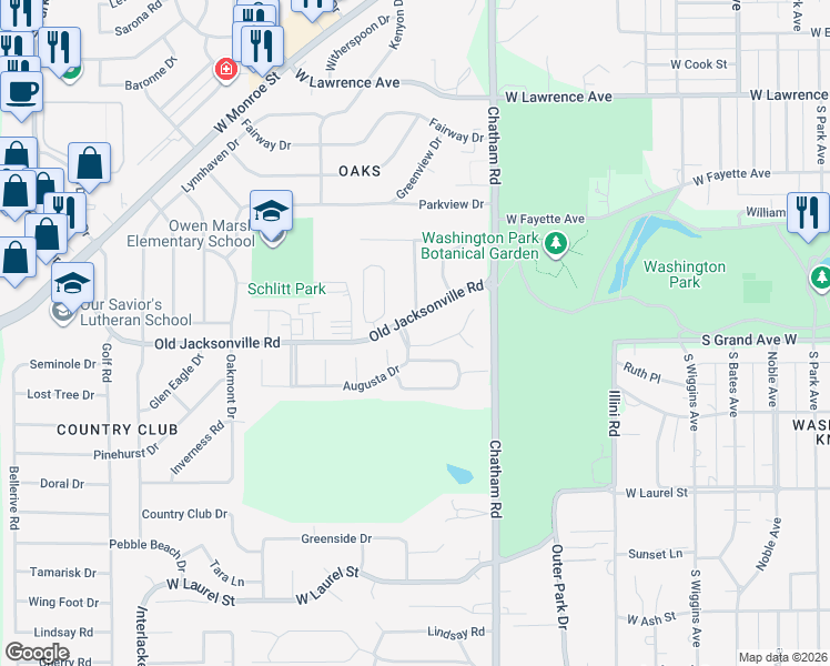 map of restaurants, bars, coffee shops, grocery stores, and more near 2001 Oak Creek Road in Springfield