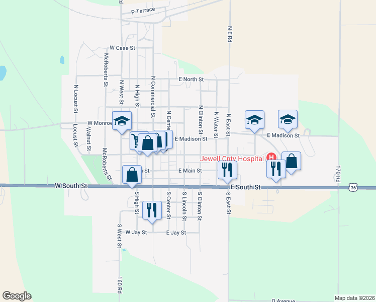 map of restaurants, bars, coffee shops, grocery stores, and more near 301-399 East Madison Street in Mankato