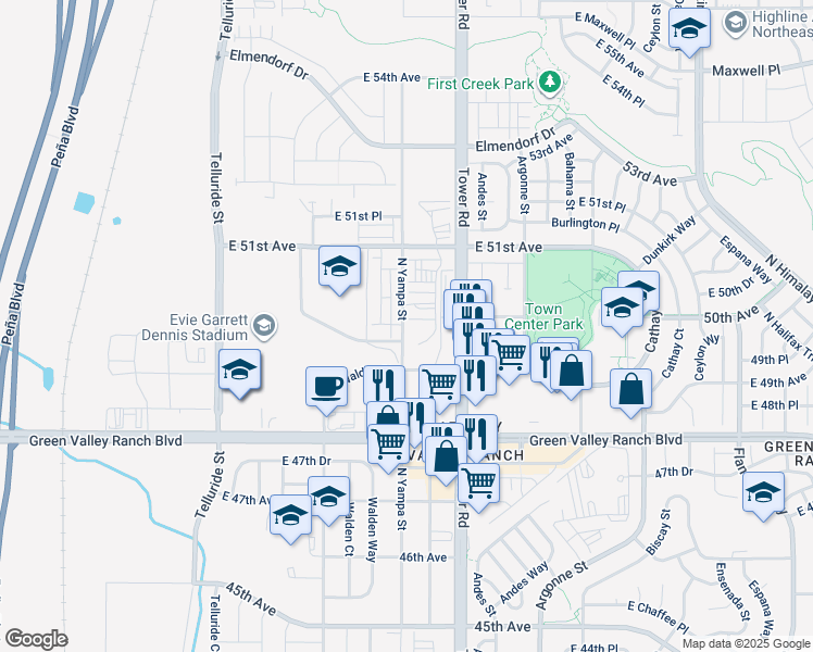 map of restaurants, bars, coffee shops, grocery stores, and more near 18298 East 51st Avenue in Denver