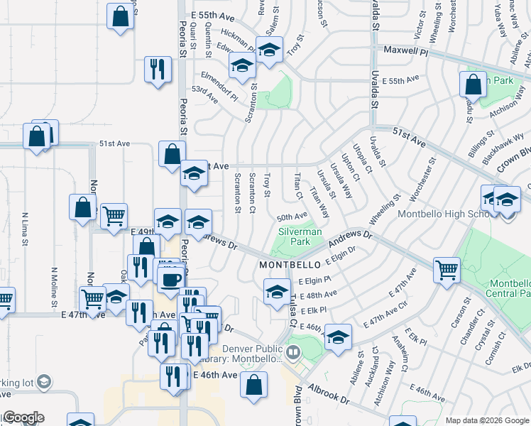 map of restaurants, bars, coffee shops, grocery stores, and more near 5014 Scranton Court in Denver