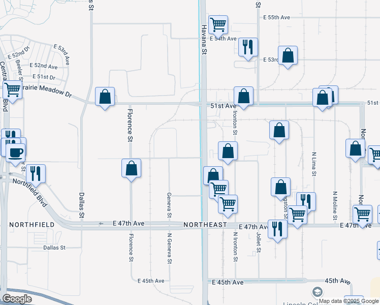 map of restaurants, bars, coffee shops, grocery stores, and more near 10445 East 49th Avenue in Denver