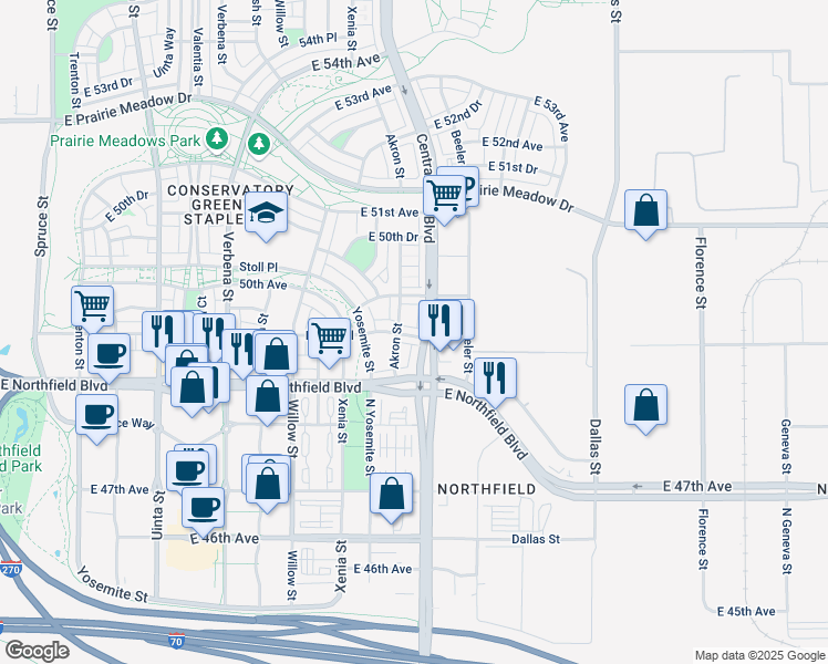 map of restaurants, bars, coffee shops, grocery stores, and more near 4977 Central Park Boulevard in Denver