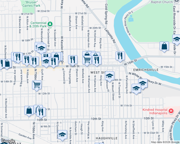 map of restaurants, bars, coffee shops, grocery stores, and more near 1514 North Warman Avenue in Indianapolis