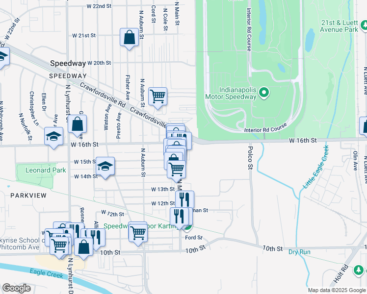 map of restaurants, bars, coffee shops, grocery stores, and more near 4900 West 16th Street in Indianapolis