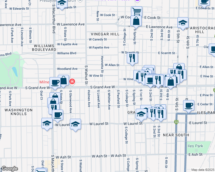 map of restaurants, bars, coffee shops, grocery stores, and more near 421 South Grand Avenue West in Springfield