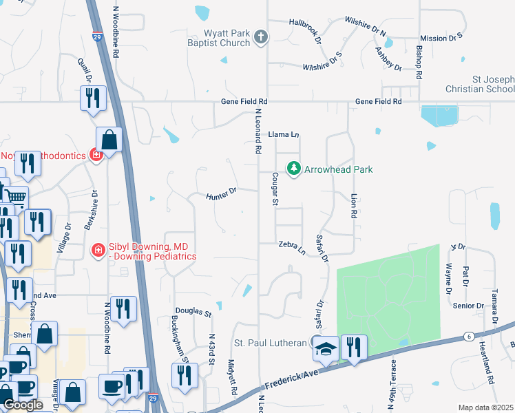 map of restaurants, bars, coffee shops, grocery stores, and more near 4412 Hunter Drive in Saint Joseph
