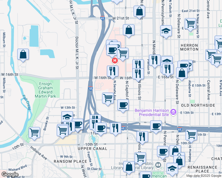 map of restaurants, bars, coffee shops, grocery stores, and more near 320 West 15th Street in Indianapolis