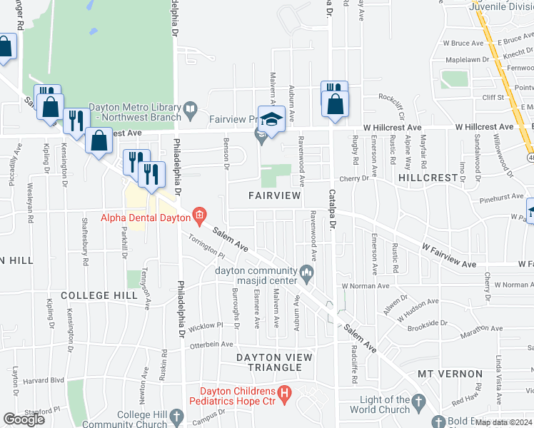 map of restaurants, bars, coffee shops, grocery stores, and more near 1208 West Fairview Avenue in Dayton