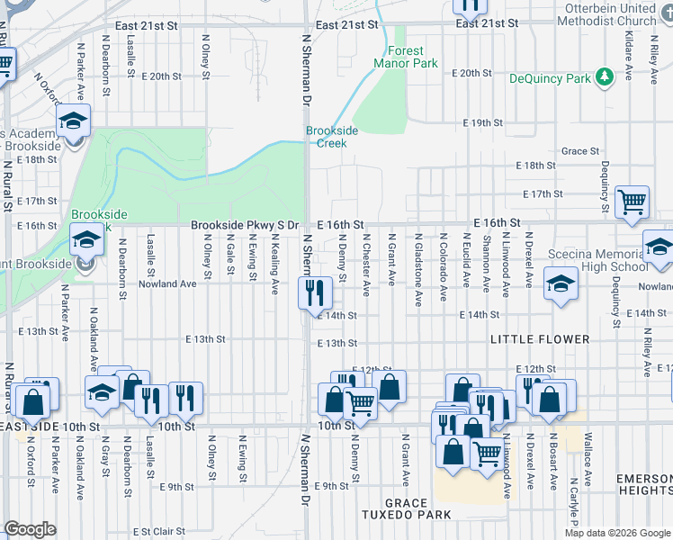 map of restaurants, bars, coffee shops, grocery stores, and more near 3833 East 15th Street in Indianapolis