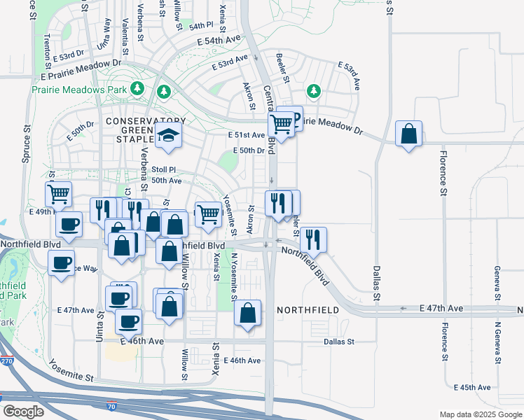 map of restaurants, bars, coffee shops, grocery stores, and more near 4977 Central Park Boulevard in Denver