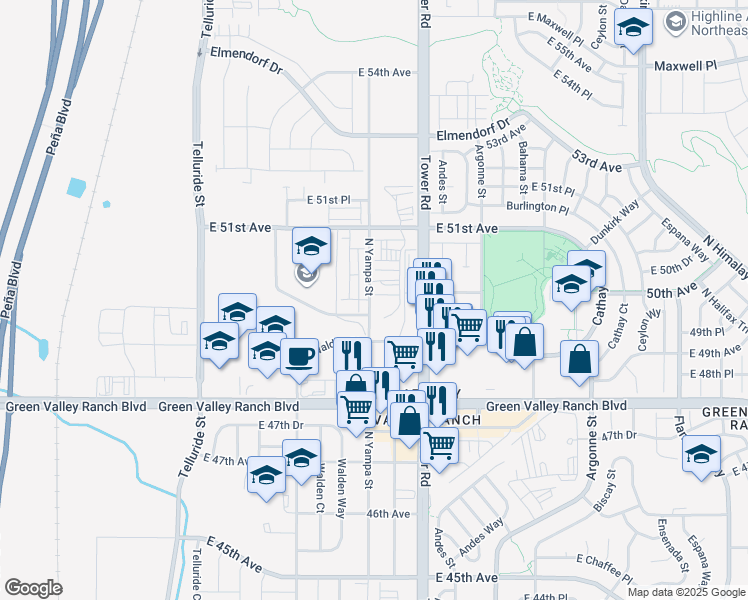 map of restaurants, bars, coffee shops, grocery stores, and more near 4950 North Yampa Street in Denver