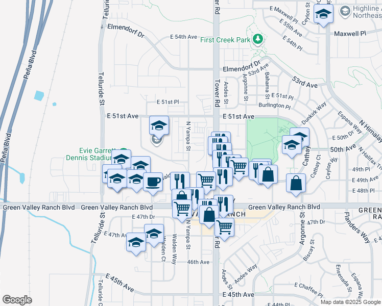 map of restaurants, bars, coffee shops, grocery stores, and more near 4950 North Yampa Street in Denver
