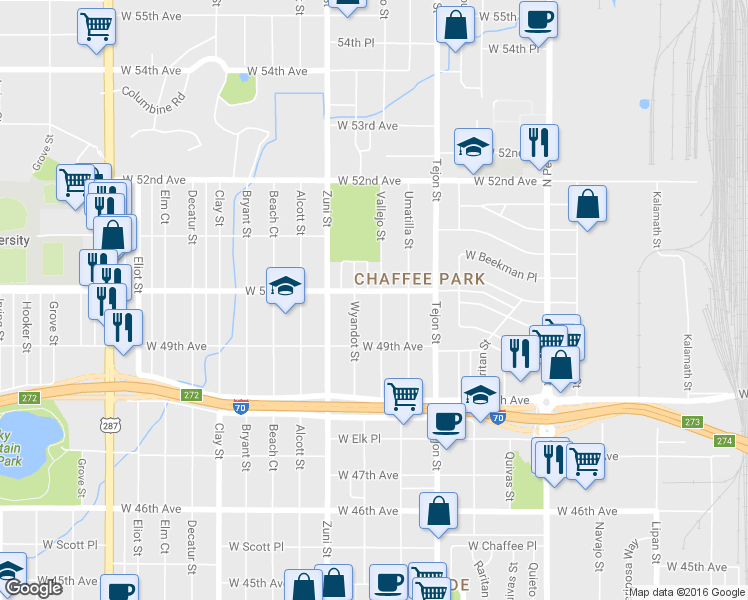 map of restaurants, bars, coffee shops, grocery stores, and more near 4983 Vallejo Street in Denver