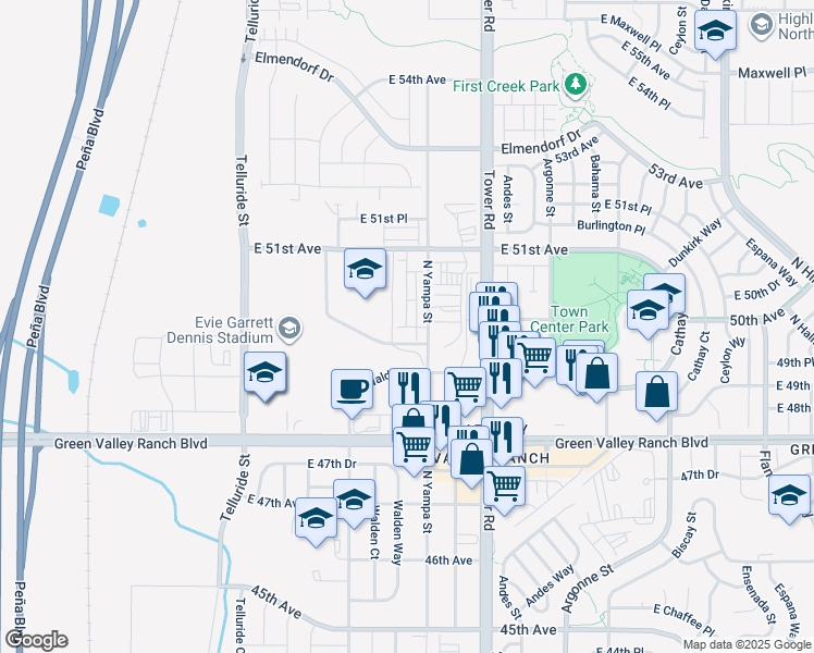 map of restaurants, bars, coffee shops, grocery stores, and more near 18298 East 51st Avenue in Denver
