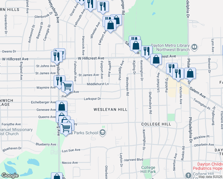 map of restaurants, bars, coffee shops, grocery stores, and more near 3926 Middlehurst Lane in Dayton