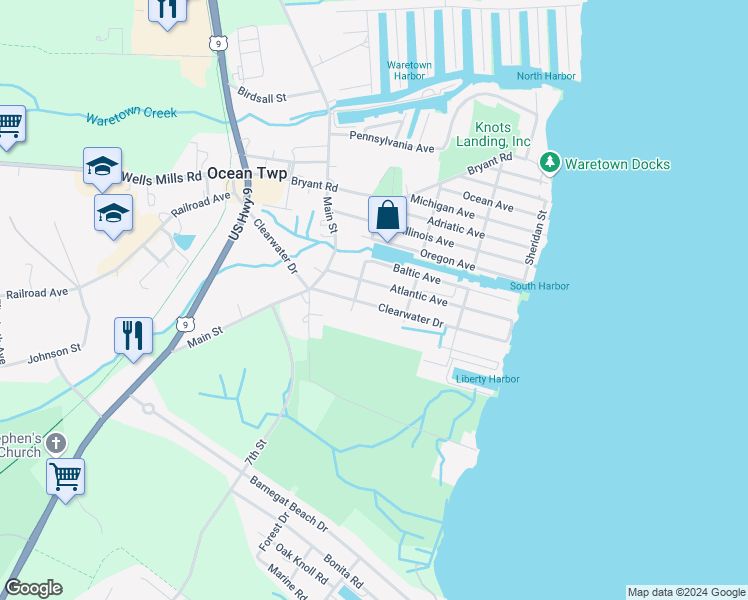 map of restaurants, bars, coffee shops, grocery stores, and more near 67 Clearwater Drive in Ocean Township