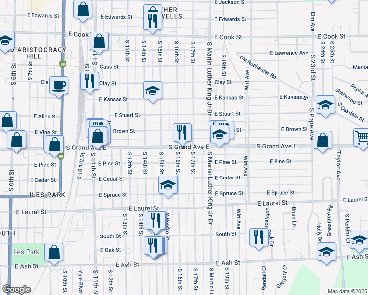 map of restaurants, bars, coffee shops, grocery stores, and more near 1349 South 17th Street in Springfield