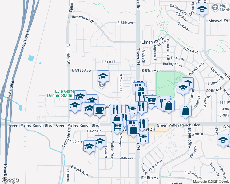 map of restaurants, bars, coffee shops, grocery stores, and more near 18298 East 51st Avenue in Denver