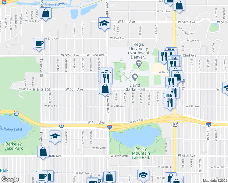 map of restaurants, bars, coffee shops, grocery stores, and more near in Denver