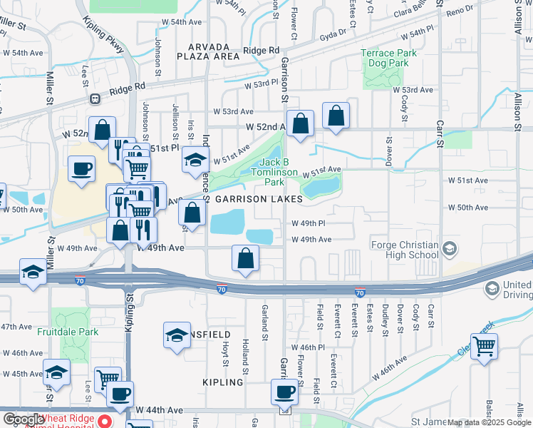 map of restaurants, bars, coffee shops, grocery stores, and more near in Wheat Ridge