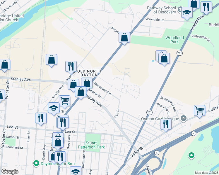 map of restaurants, bars, coffee shops, grocery stores, and more near 165 Kelly Avenue in Dayton